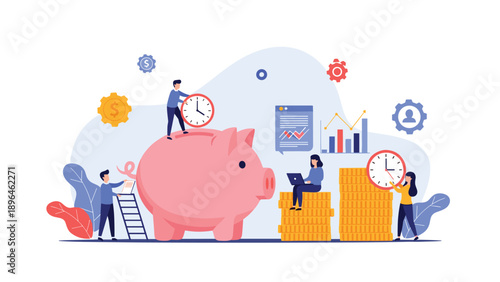 Business team working together to save money and manage their time efficiently around a giant pink piggy bank and coins.