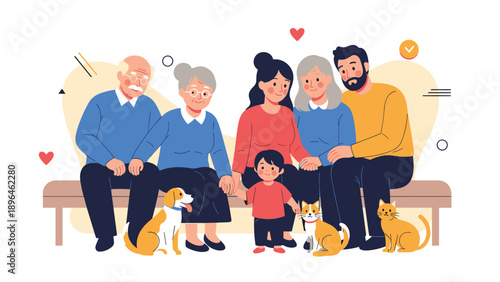 Large happy family portrait featuring grandparents, parents, a young child, and their pet dog and cats sitting together.