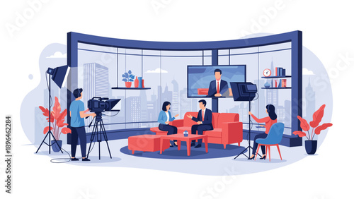 Professional television studio production with a cameraman, lighting, and an interview taking place on a modern news set.