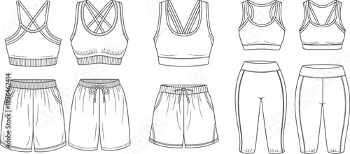 Women’s activewear technical flat sketch set including sports bras, shorts and leggings, fitness clothing outline vector illustration for athletic and yoga apparel design