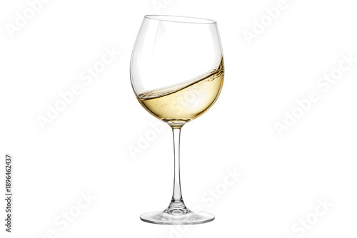 A wine glass with white wine partially filled on transparent background