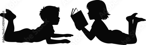 Silhouette of Two Children Reading Together on Stomachs Facing Each Other on White Background for Learning and Storytelling Themes