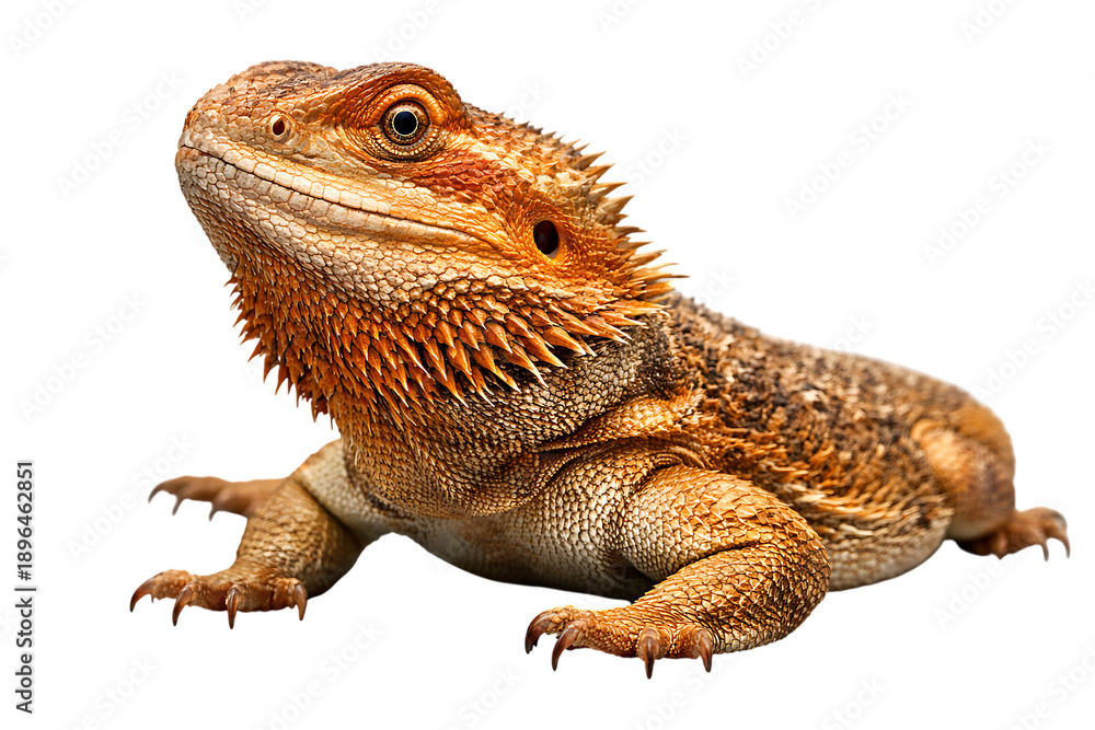 Fototapeta premium A brown bearded dragon standing on a white surface with a spiky back and sharp claws looking upwards isolated on transparent background