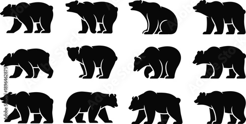 Black bear silhouette icon set featuring multiple standing and walking poses, minimal flat wildlife animal shapes isolated on white background for logo, design, and illustration use