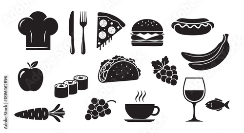 Food and Drink Silhouette Icons Set Vector Graphics for Menu Design