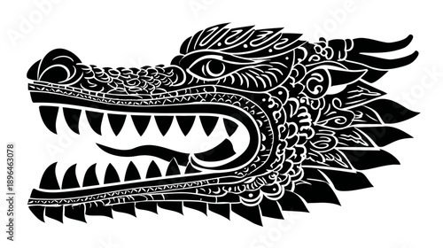 A detailed monochrome drawing showcasing a dragon's open-mouthed head, featuring sharp teeth and intricate patterns