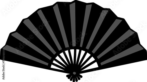 A black and grey vector illustration of a traditional Japanese hand fan against a white backdrop