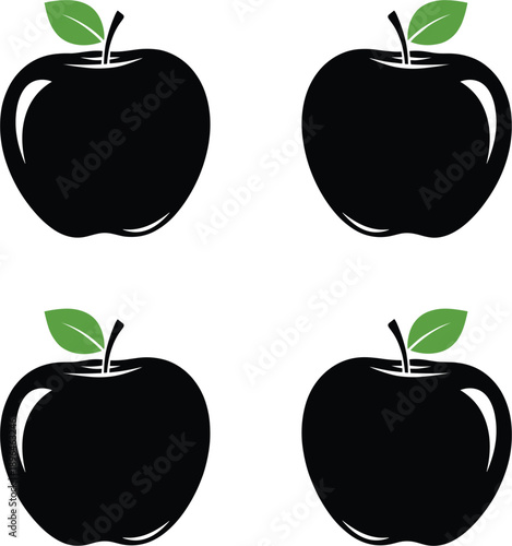 Minimalist apple icon set featuring four identical black fruit silhouettes with green leaves for consistent healthy food branding.