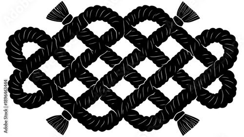 Black graphic of a nautical rope knot design, with decorative tassels at the ends