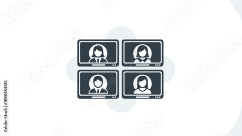 Animated icon of four computer screens in a grid, each showing a person, representing a video conference, online meeting, or webinar.