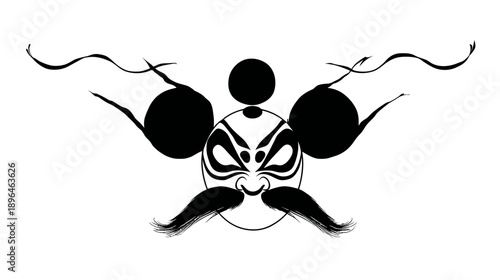 Bold black mask with a defined face, mustache, circular cheeks, and swirling flourishes on white