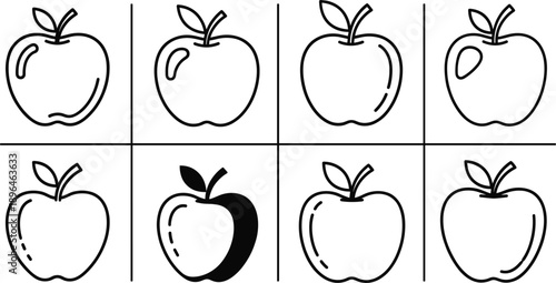 Minimalist apple icon grid featuring eight line art variations with clean dividers for structured botanical branding.