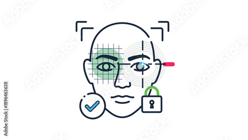 Animated facial recognition scan with grid and target, showing successful identity verification with a checkmark and lock for security access.