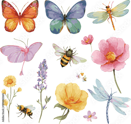 Seamless pattern with butterflies and flowers. collection of colorful butterflies, bees, dragonflies, and delicate flowers on flat vector illustration on white background