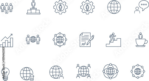 Business strategy and teamwork line icon set with global communication, leadership, growth and management concept symbols