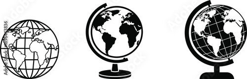Black and white globe icon set with world map variations, geography education symbols, global navigation and earth illustration collection