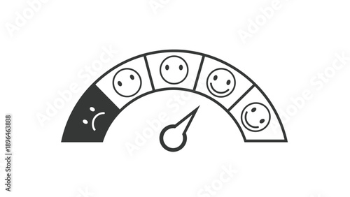Animated customer satisfaction meter with emoji faces from sad to happy, for feedback, performance reviews, and user experience surveys.