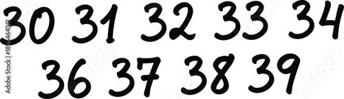 Handwritten numbers thirty to thirty nine in bold brush style typography illustration for counting, education, math practice, and numeric design concepts