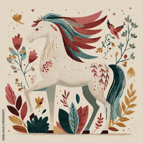 Created a Abstract Fire Horse vector illustration with cute hand drawn bird and floral elements. Vintage nursery wall art design for kids room decor
