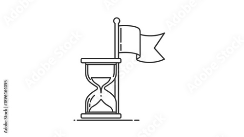 Animated line art of an hourglass with a flag on top, symbolizing a deadline, reaching a goal on time, or project completion.