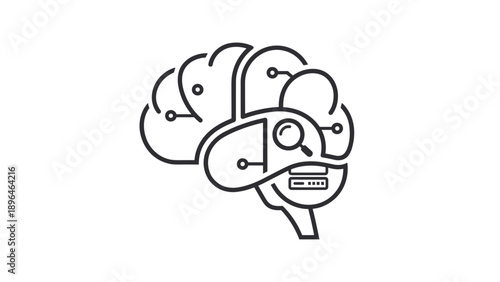 Animated line art of a human brain with integrated technology icons like a search bar, symbolizing artificial intelligence and data analysis.