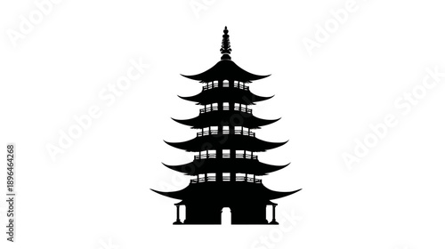 A silhouette of a tiered structure with multiple curved roofs and a spire