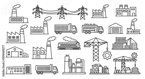 Industrial construction and manufacturing icon set featuring cranes, factories, vehicles, and infrastructure elements representing industry, logistics, production, and urban development
