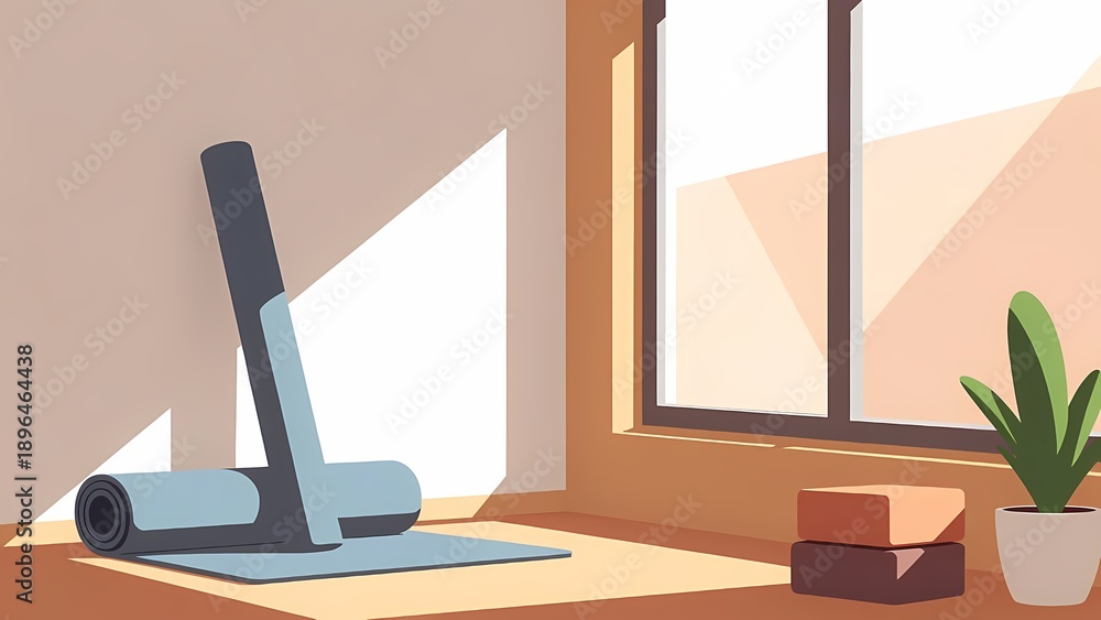 Fototapeta premium Flat vector illustration of a sunlit home workout corner with a rolled yoga mat, blocks and a plant by a window