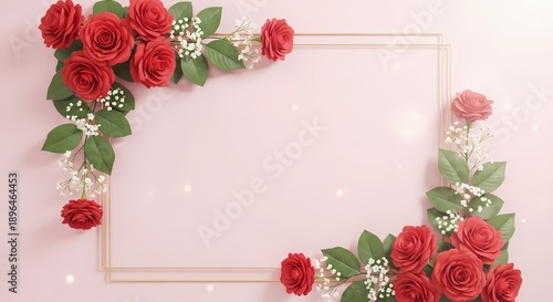 Elegant red roses wedding bouquet frame on pink background with greenery and baby's breath floral arrangement