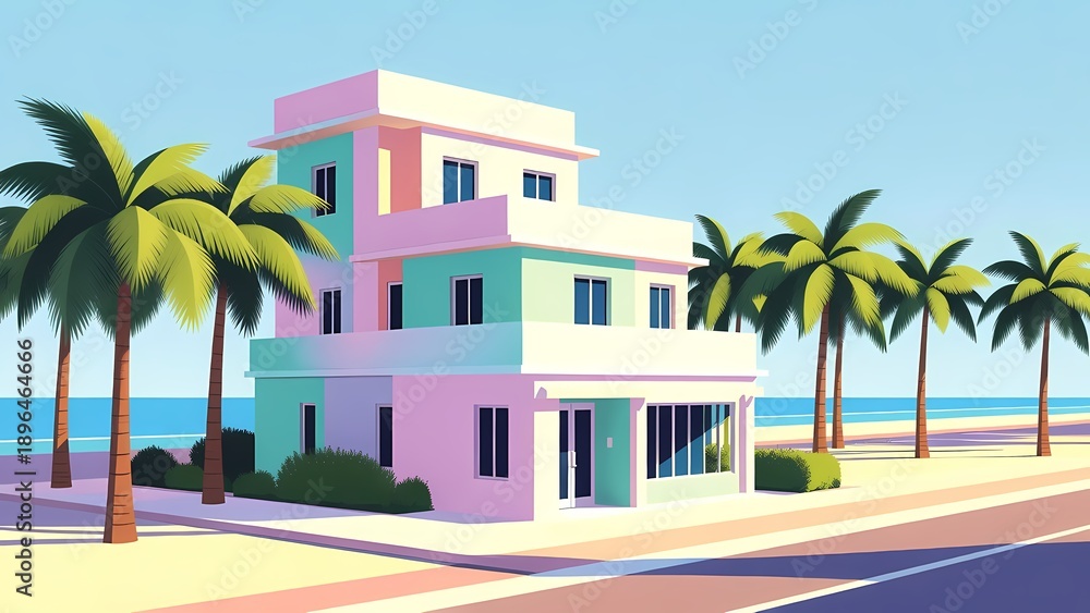 Fototapeta premium Pastel beachside villa on tropical coast - 3D render illustration with palm trees and ocean, sunny vacation mood