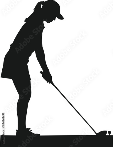 A silhouetted image of a woman in the act of playing golf