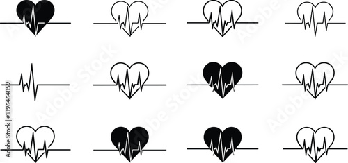 Set of heart rate pulse icons with ECG heartbeat lines in black and white for medical, healthcare, cardiology, and fitness design concepts