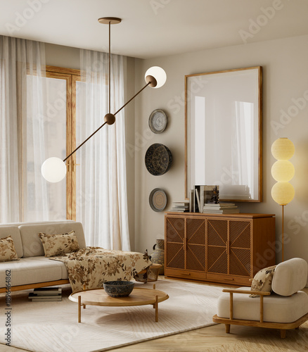 Modern beige living room with wooden furniture, warm lighting, and a mock-up poster frame, perfect for interior design or artwork display. 3D illustration.