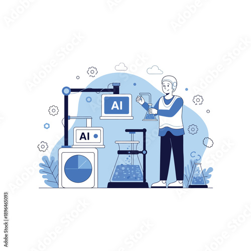 Scientist working with AI technology in a laboratory setting with various equipment.