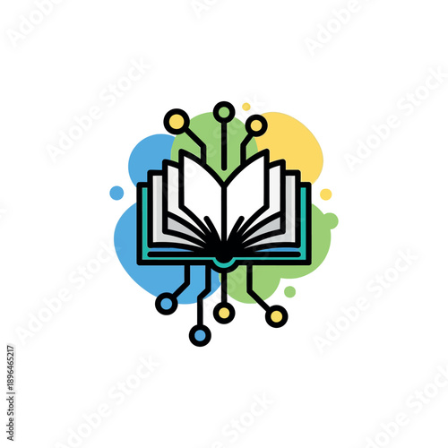 Illustration of an open book with circuit lines and colorful background