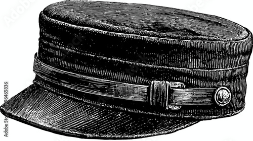 A detailed line drawing of a peaked cap with a strap and buckle. Features are rendered in grayscale