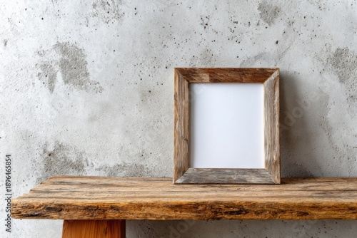 Rustic wooden picture frame rests upon a textured plank against a weathered wall background