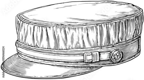 A detailed illustration of a hat. It has a visor, band, buckle, and button detailing