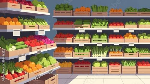 Colorful produce display in a supermarket - vibrant vector illustration of fresh fruits and vegetables on shelves