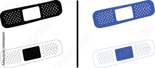 adhesive bandage icon isolated on white background, black and blue vector illustration of medical plaster for wound care, first aid, and healthcare.
