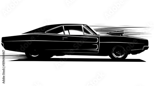 A black and white illustration of a classic muscle car in motion