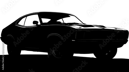 Black and white silhouette of a classic coupe car, side view, on white background