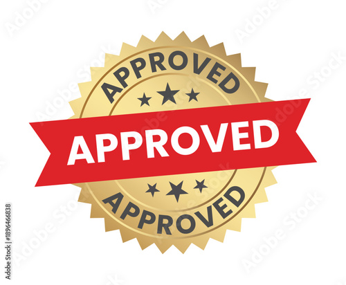 A golden circular badge prominently displays the word approved in bold red lettering across a vibrant red banner high quality professional detailed modern elegant