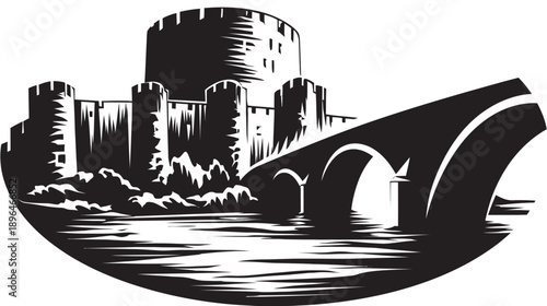 Black and white illustration of a castle, bridge, and water in an oval shape