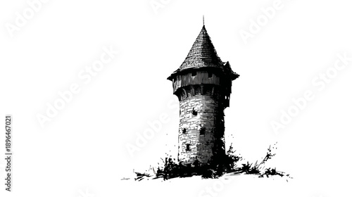 A grayscale illustration of a medieval tower with a pointed roof. Detailed stonework and foliage base