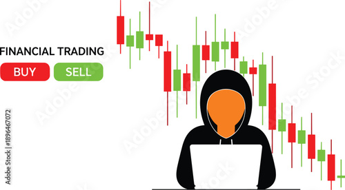 Financial trading illustration with candlestick chart, buy and sell buttons, and online trader analyzing market trends, stock volatility, and digital investment strategy concept