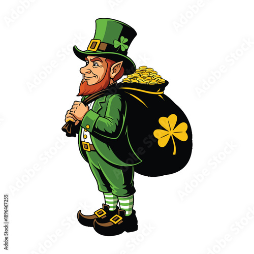 Leprechaun Carrying Bag of Gold with Shamrock St. Patrick’s Day Irish Folklore Illustration
