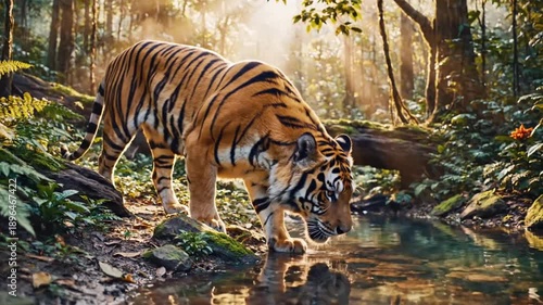 Majestic tiger walking through lush forest with sunlight streaming