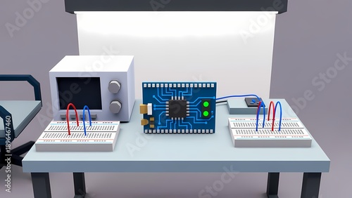 Microcontroller development board with breadboards and wiring on a clean electronics lab bench, 3d render