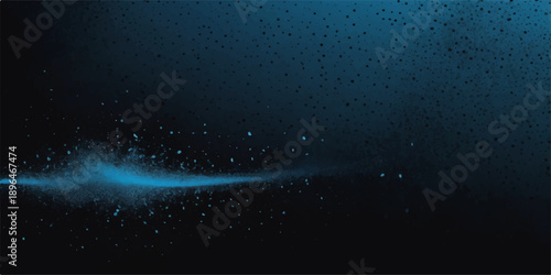 An abstract blue background with glowing particles floating through a dark starry nebula across the vast cosmos of a deep space galaxy